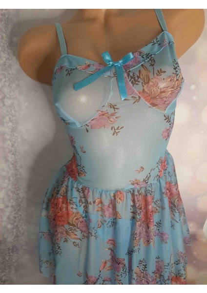 Mavi Pembe Çiçek Desenli Öp Askılı Yakası Minik Kurdela Detaylı Mini Şık Kadın Gecelik modelleri