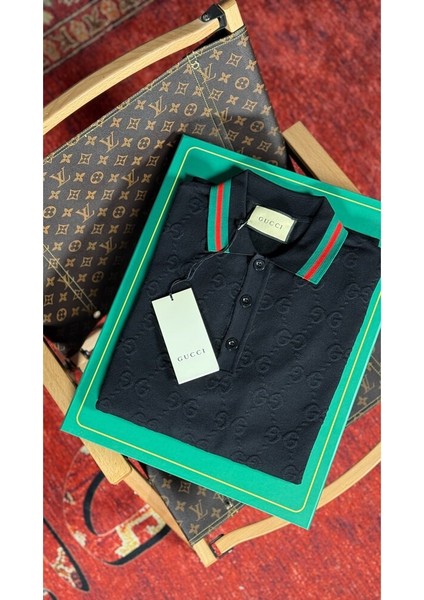 Monogram Nakış Detaylı Siyah Polo T-Shirt Nw