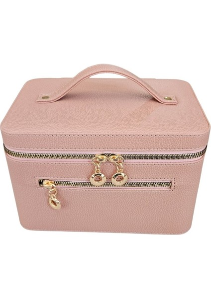 Şık Pembe Deri Aynalı Taşıma Çantası, Makyaj ve Bakım Kutusu (14X21X14 Cm)
