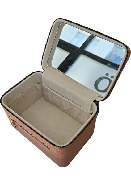 Şık Pembe Deri Aynalı Taşıma Çantası, Makyaj ve Bakım Kutusu (14X21X14 Cm) fiyatları