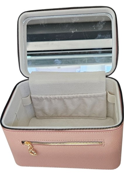 Şık Pembe Deri Aynalı Taşıma Çantası, Makyaj ve Bakım Kutusu (14X21X14 Cm) indirimleri