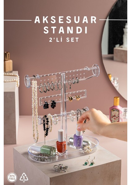 Beyaz Takı ve Aksesuar Standı, Kolye, Yüzük, Küpe Organizeri, 2'li Set