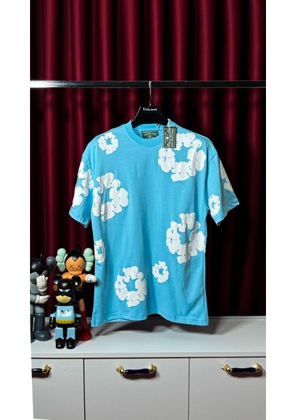 Oversize Baskı Detaylı Mavi Erkek T-Shirt