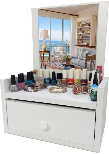 Beyaz Aynalı Çok Amaçlı Masa Üstü Düzenleyici, Makyaj ve Hediye Malzemeleri Için