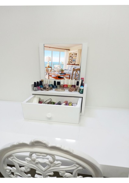 Beyaz Aynalı Çok Amaçlı Masa Üstü Düzenleyici, Makyaj ve Hediye Malzemeleri Için indirimleri