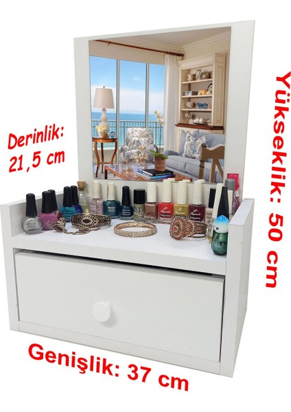 Beyaz Aynalı Çok Amaçlı Masa Üstü Düzenleyici, Makyaj ve Hediye Malzemeleri Için