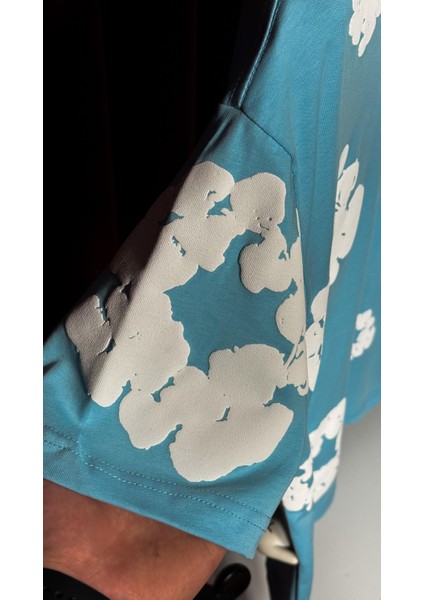 Oversize Baskı Detaylı Mavi Erkek T-Shirt indirimleri