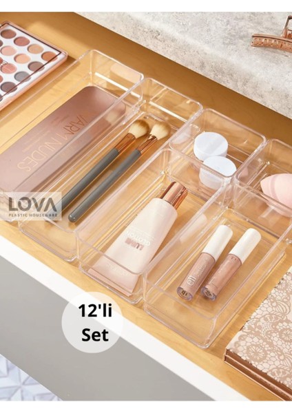 12 Parça Şeffaf Çok Amaçlı Çekmece Düzenleyici Seti (2'li)