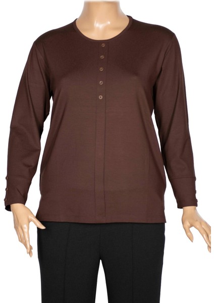 Cimariva Kadın Nüket Büyük Beden O Yaka Beş Süs Düğmeli Kahverengi Bluz