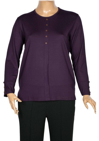 Cimariva Kadın Nüket Büyük Beden O Yaka Beş Süs Düğmeli Mürdüm Bluz