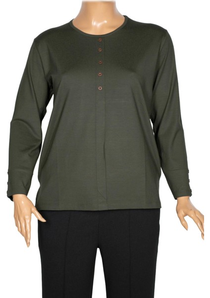 Cimariva Kadın Nüket Büyük Beden O Yaka Beş Süs Düğmeli Haki Bluz