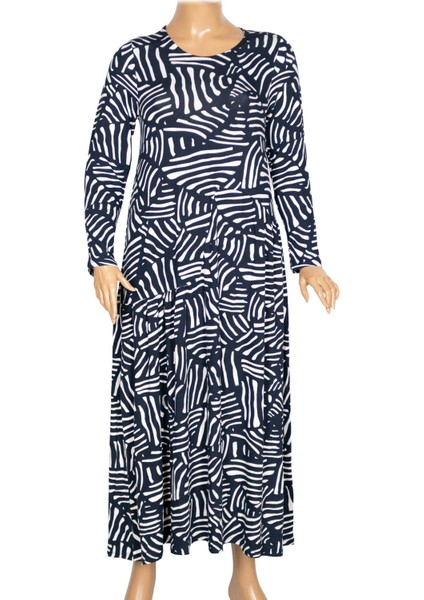 Kadın Funda Belden Basene Büzgülü Penye Lacivert Elbise D56