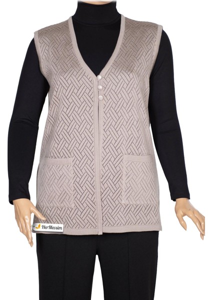 Hesna Kadın Yakut Triko Ajurlu Cepli Düğmeli Yırtmaçlı Taş Beji Yelek