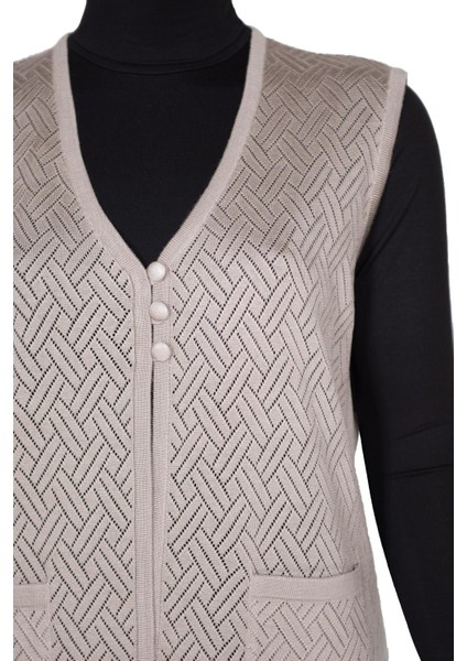 Hesna Kadın Yakut Triko Ajurlu Cepli Düğmeli Yırtmaçlı Taş Beji Yelek fiyatları