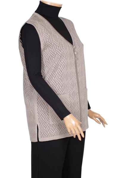 Hesna Kadın Yakut Triko Ajurlu Cepli Düğmeli Yırtmaçlı Taş Beji Yelek modelleri