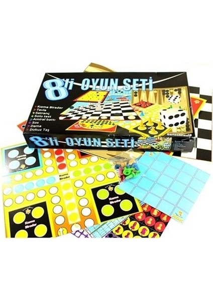 8'li Kutu Oyunu Seti - Kızma Birader, Tavla, Solo Test, Amiral Battı, Dama, Dokuz Taş, Satranç, Sos