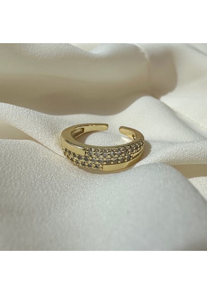 Gold Taşlı Üç Şerit Yüzük