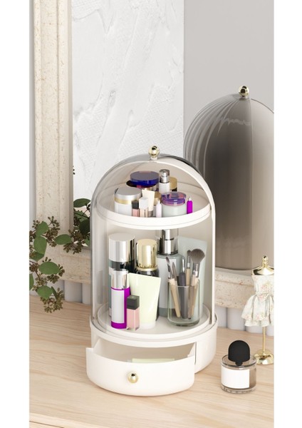 Beyaz 360 Döner Standlı Çekmeceli Raflı Vitrin