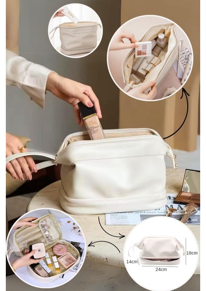 Çift Katmanlı Su Geçirmez Seyahat Makyaj Çantası 24X18X14 cm Bej