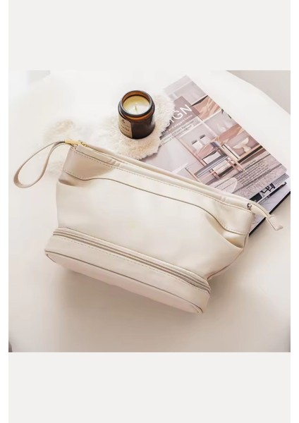 Çift Katmanlı Su Geçirmez Seyahat Makyaj Çantası 24X18X14 cm Bej modelleri