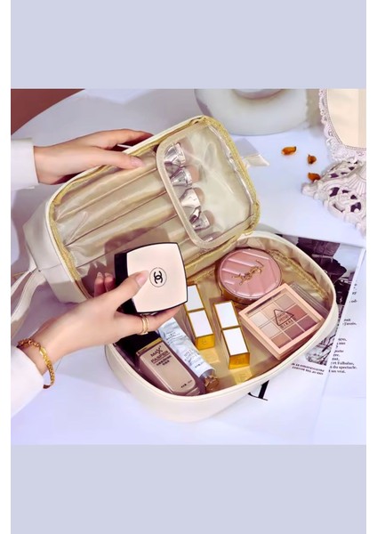 Çift Katmanlı Su Geçirmez Seyahat Makyaj Çantası 24X18X14 cm Bej fırsatları
