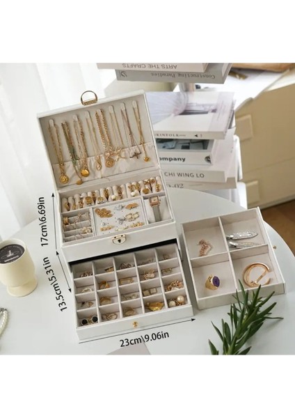 Beyaz 3 Katlı Modern Takı Organizerli Kilitli Saklama Kutusu fiyatları