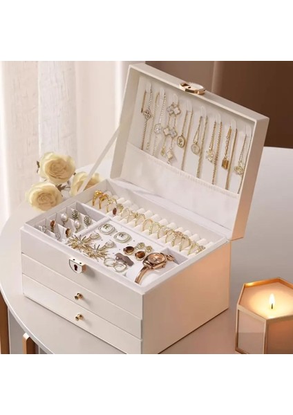 Beyaz 3 Katlı Modern Takı Organizerli Kilitli Saklama Kutusu fırsatları