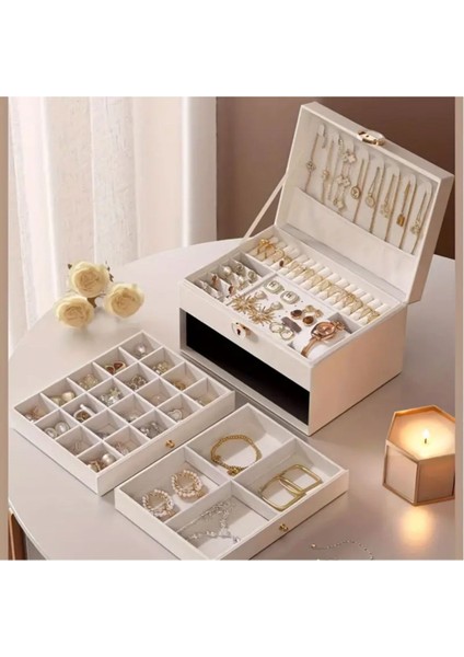 Beyaz 3 Katlı Modern Takı Organizerli Kilitli Saklama Kutusu indirimleri