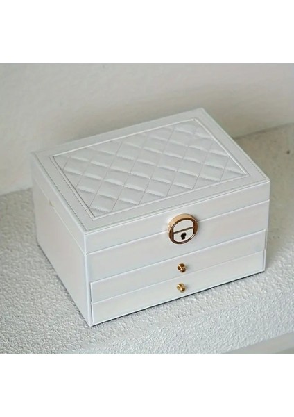 Beyaz 3 Katlı Modern Takı Organizerli Kilitli Saklama Kutusu