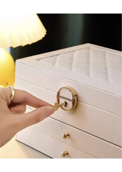 Beyaz 3 Katlı Modern Takı Organizerli Kilitli Saklama Kutusu