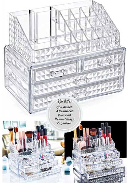 Şeffaf 4lü Makyaj ve Kozmetik Düzenleyici, Çekmeceli Organizer, Fonksiyonel ve Şık fırsatları