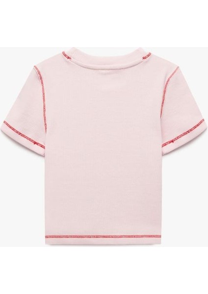 Pamuklu Kısa Kollu Bisiklet Yaka Çilek Baskılı Crop Tişört indirimleri