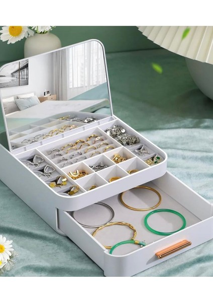 Çok Bölmeli Aynalı Katlanabilir Takı ve Makyaj Organizeri, Beyaz Renk