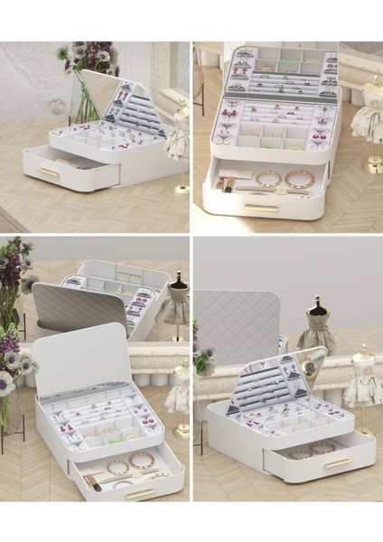 Çok Bölmeli Aynalı Katlanabilir Takı ve Makyaj Organizeri, Beyaz Renk fırsatları