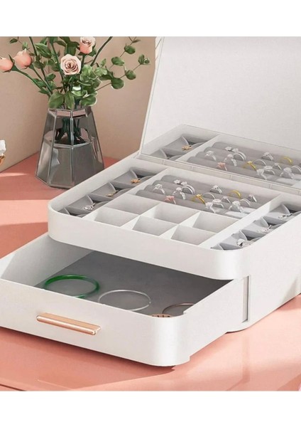 Çok Bölmeli Aynalı Katlanabilir Takı ve Makyaj Organizeri, Beyaz Renk indirimleri