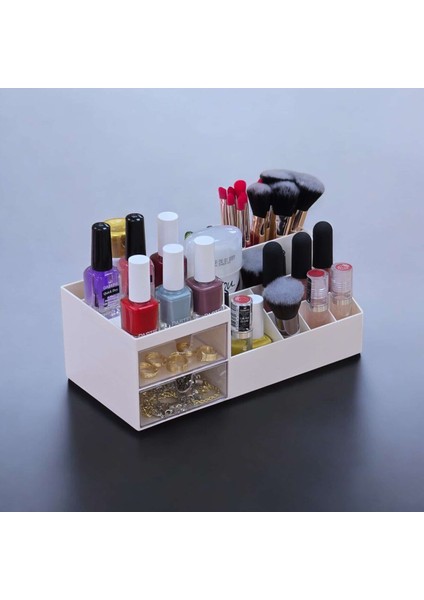 Bej 3 Katlı 2 Çekmeceli Ofis ve Makyaj Düzenleyici Organizer