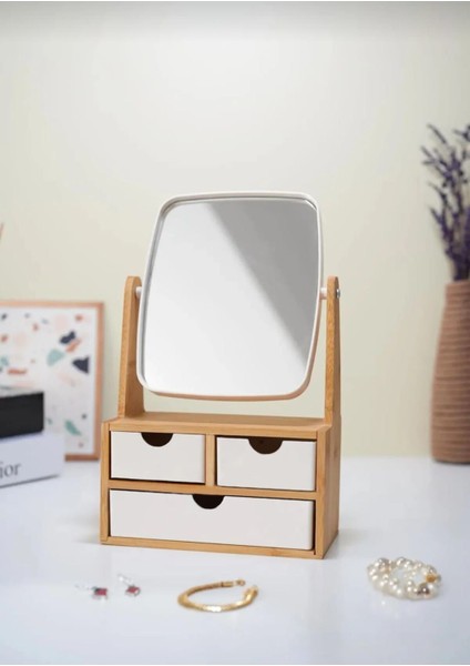 Bambu 3 Çekmeceli Aynalı Organizer, Makyaj ve Takı Düzenleyici