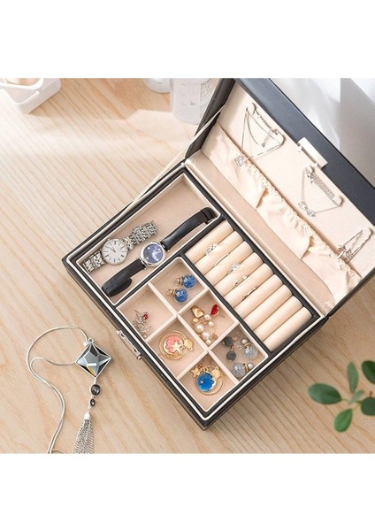 Şık 2 Katlı Büyük Takı ve Makyaj Organizer Seyahat Çantası Siyah