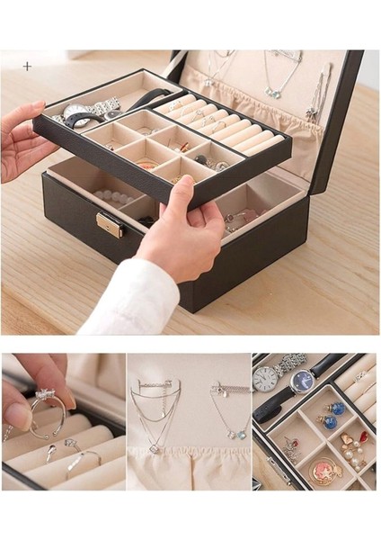 Şık 2 Katlı Büyük Takı ve Makyaj Organizer Seyahat Çantası Siyah fiyatları