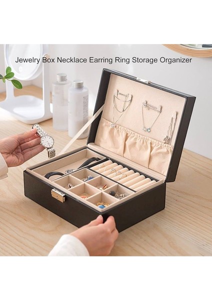 Şık 2 Katlı Büyük Takı ve Makyaj Organizer Seyahat Çantası Siyah modelleri