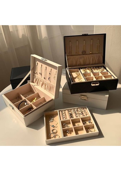 Şık 2 Katlı Büyük Takı ve Makyaj Organizer Seyahat Çantası Siyah indirimleri