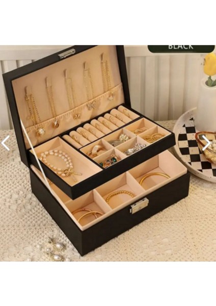Şık Çok Bölmeli Suni Deri Takı Kutusu Anahtarlı Kilitli Siyah