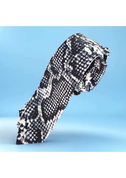 Siyah Beyaz Yılan Derisi Desen Baskılı Ince Moda Slim Kravat