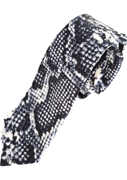 Siyah Beyaz Yılan Derisi Desen Baskılı Ince Moda Slim Kravat fiyatları