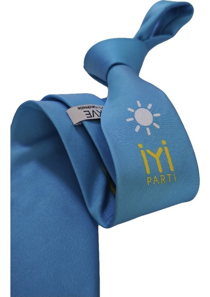 Turkuaz Üzeri Beyaz Sarı Iyi Parti Logolu Italyan Kravat fiyatları