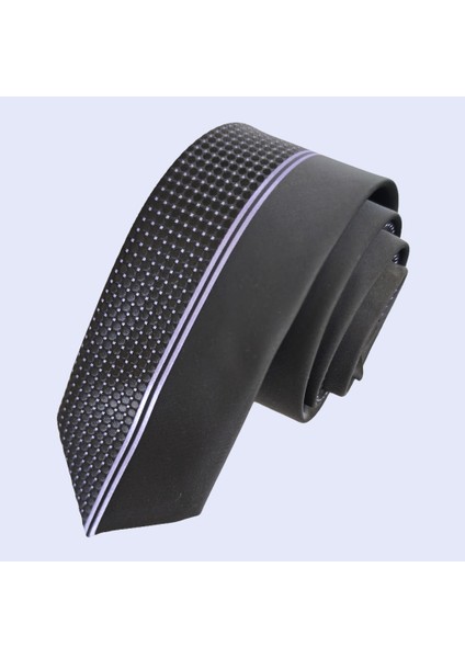 Mor Siyah Kare Desenli Özel Pano Kesim Ince Moda Slim Kravat