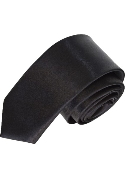 Siyah Sade Saten Dokuma Ince Moda Slim Kravat