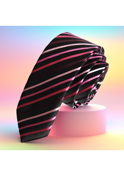 Pembe Tonları Çizgili Jakar Dokuma Siyah Ince Moda Slim Kravat