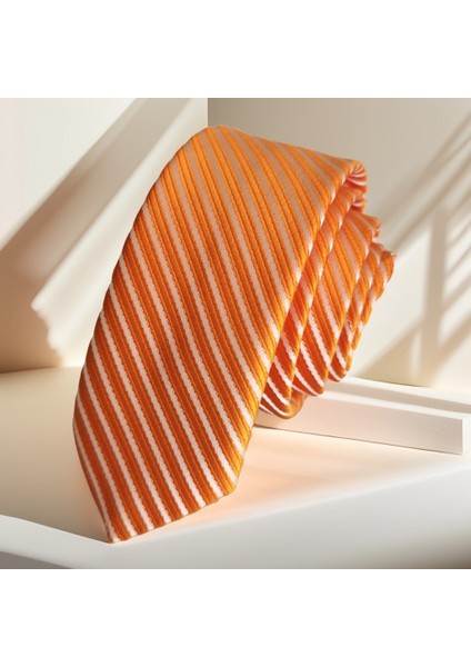 Turuncu Krem Kendinden Çizgili Jakar Dokuma Ince Moda Slim Kravat