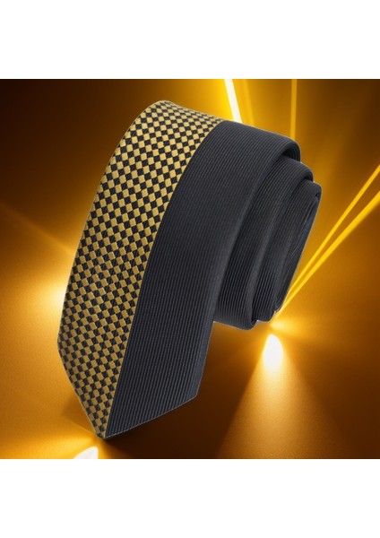 Altın Siyah Yarısı Dama Desenli Özel Pano Kesim Ince Moda Slim Kravat